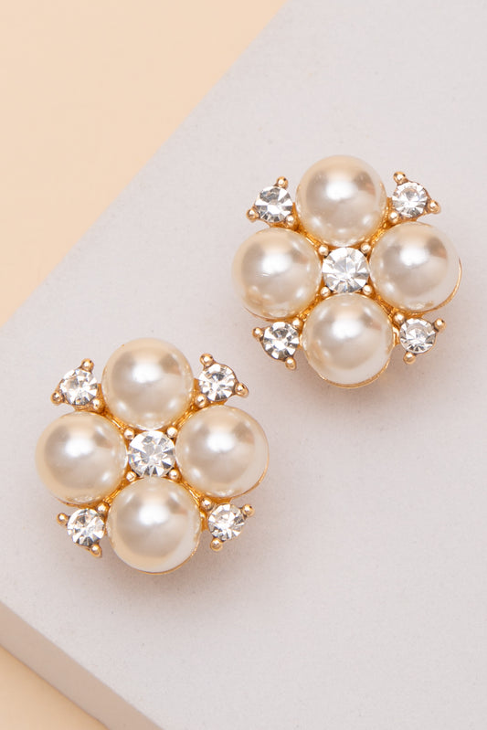 Liana Four Pearl Flower Clip On Earrings With Crystal Detail | Gold