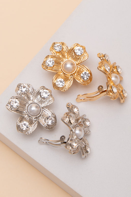 Camila Pearl Center Rhinestone Petal Clip Earrings