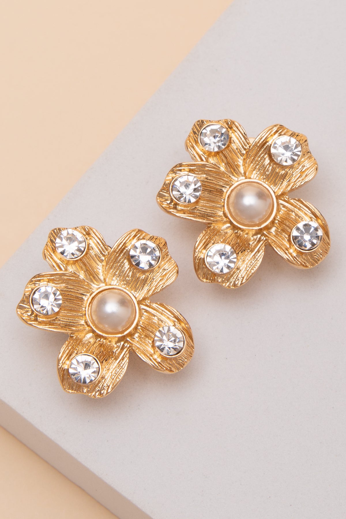 Camila Pearl Center Rhinestone Petal Clip Earrings