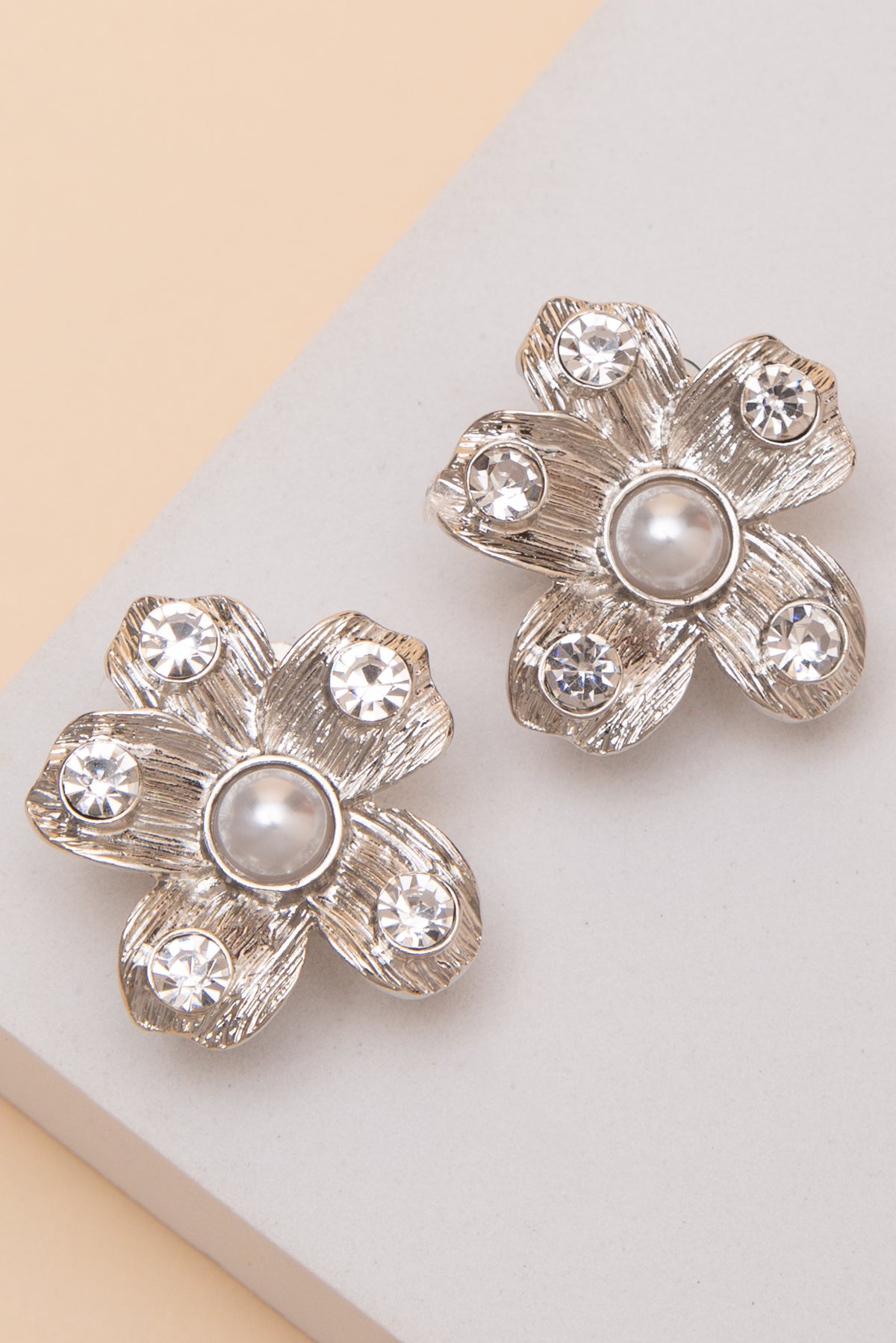 Camila Pearl Center Rhinestone Petal Clip Earrings
