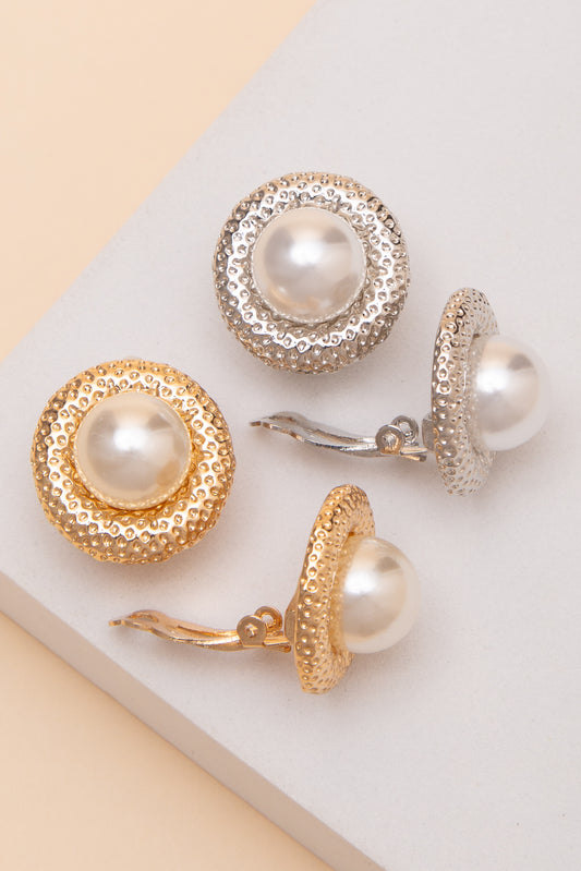 Penelope Center Pearl Textured Button Clip On Earrings