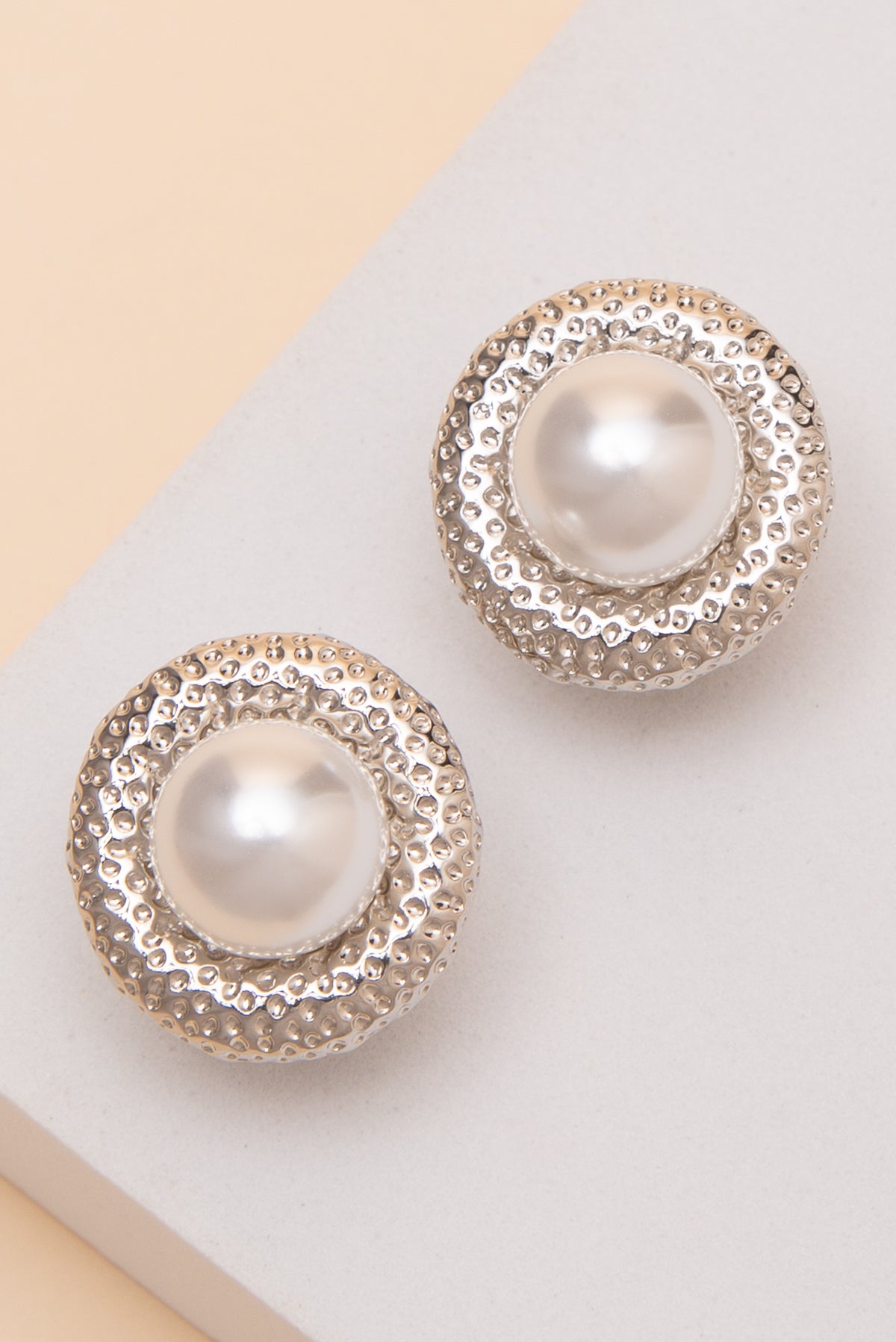Penelope Center Pearl Textured Button Clip On Earrings