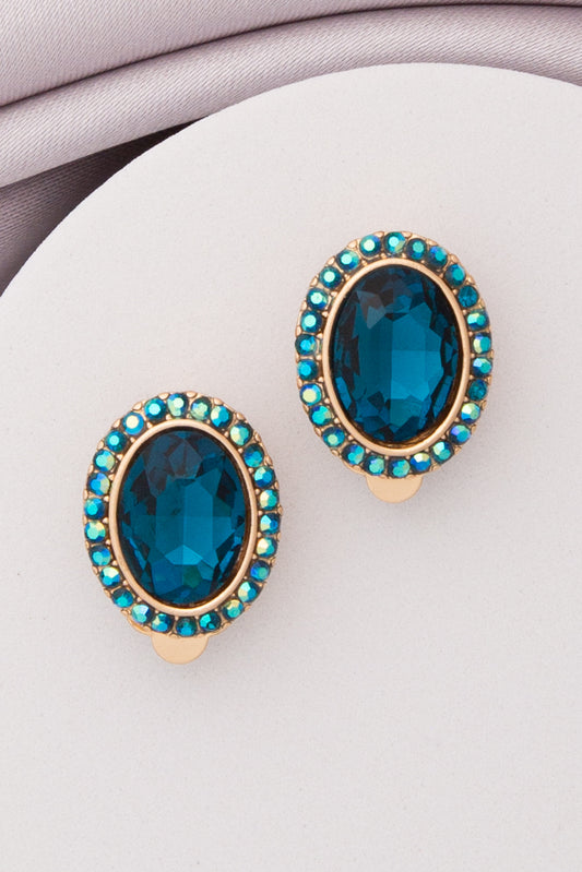 Elena Rhinestone Halo Oval Cut Crystal Clip-On Stud Earrings | Blue