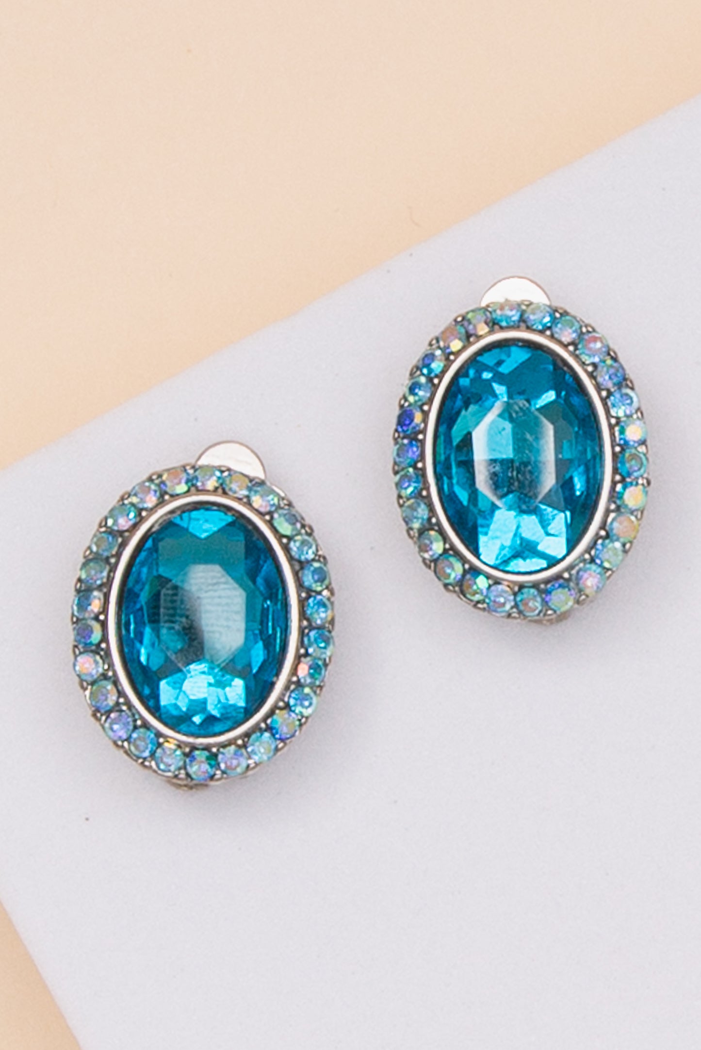 Elena Rhinestone Halo Oval Cut Crystal Clip-On Stud Earrings