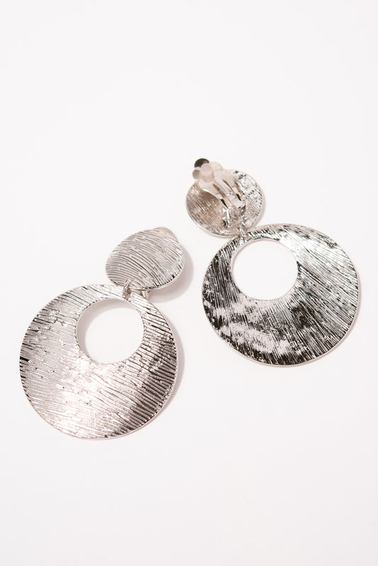 Aria 2-Tier Brushed Metal Open Disc Clip-On Earrings - Silver