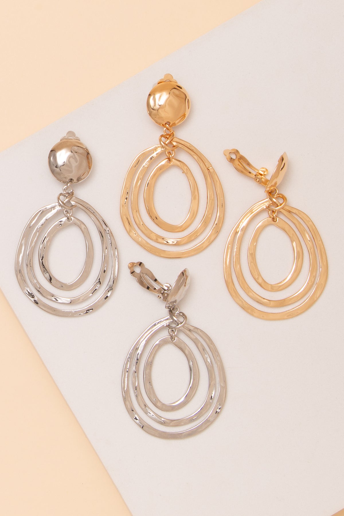 Millie Hammered Metal Multi Open Oval Dangle Clip-On Earring