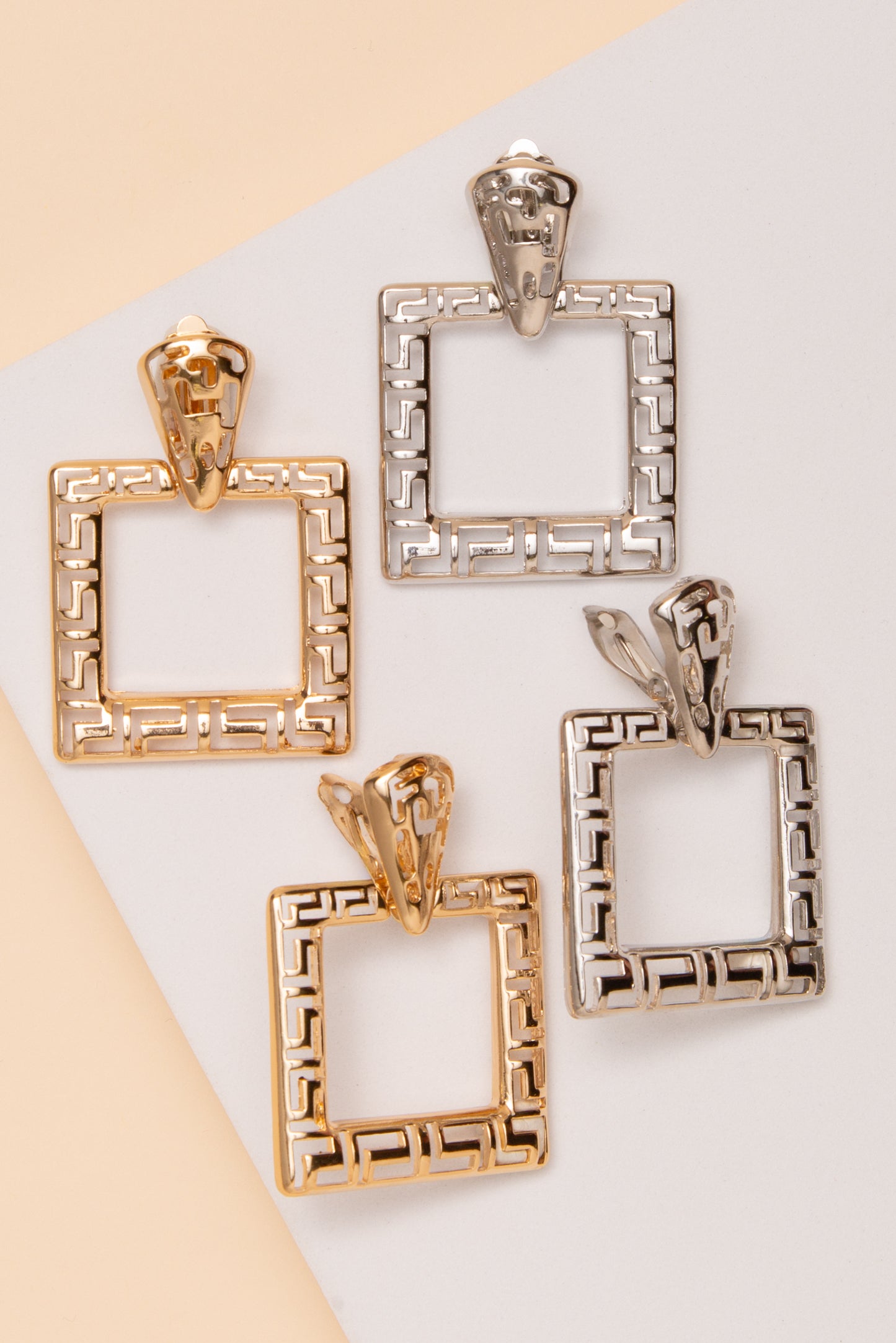 Jane Greek Key Square Clip-On Earrings