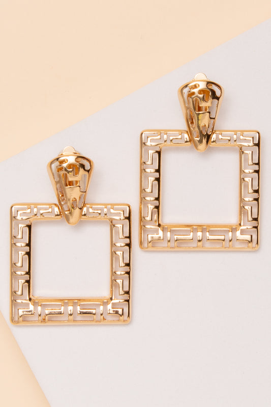 Jane Greek Key Square Clip-On Earrings | Gold 