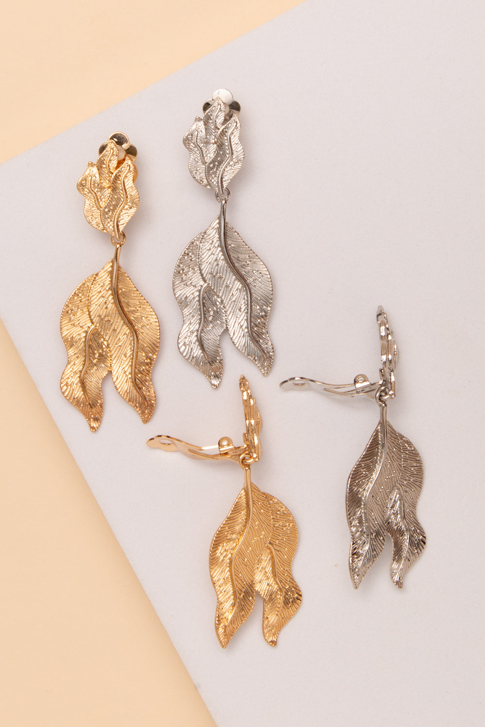 Nora Textured Leaf Drop Clip On Earrings