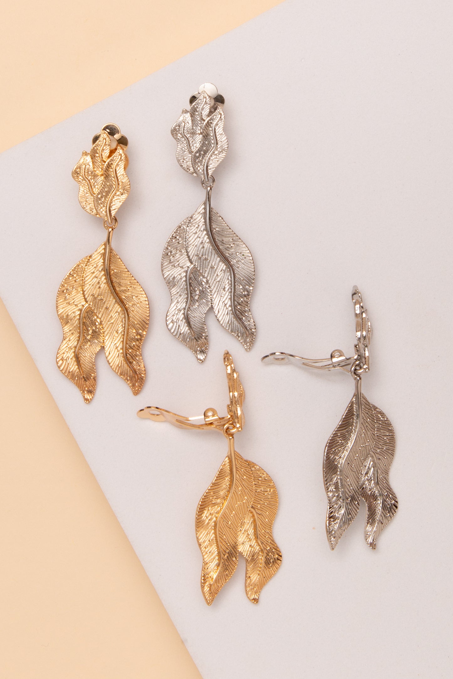 Nora Textured Leaf Drop Clip On Earrings