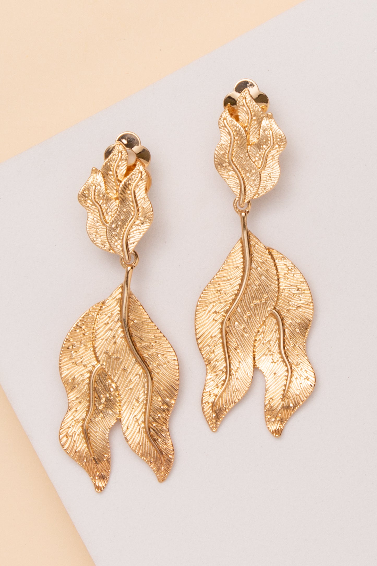 Nora Textured Leaf Drop Clip On Earrings