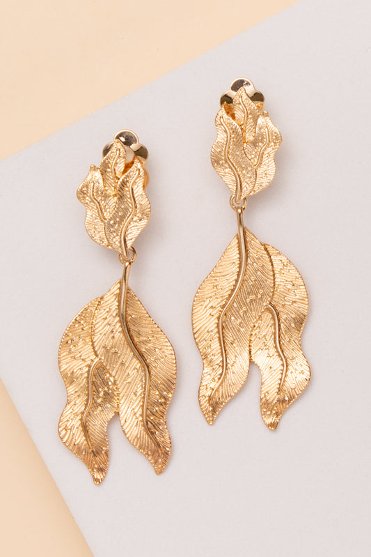 Nora Textured Leaf Drop Clip On Earrings