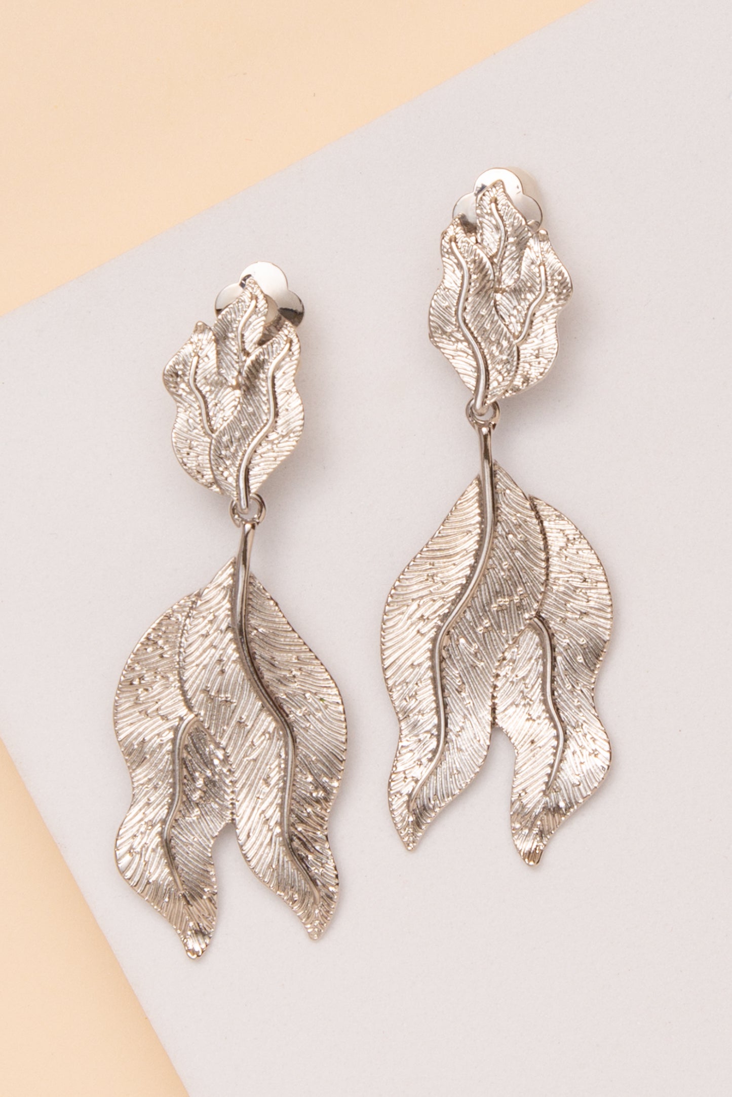 Nora Textured Leaf Drop Clip On Earrings