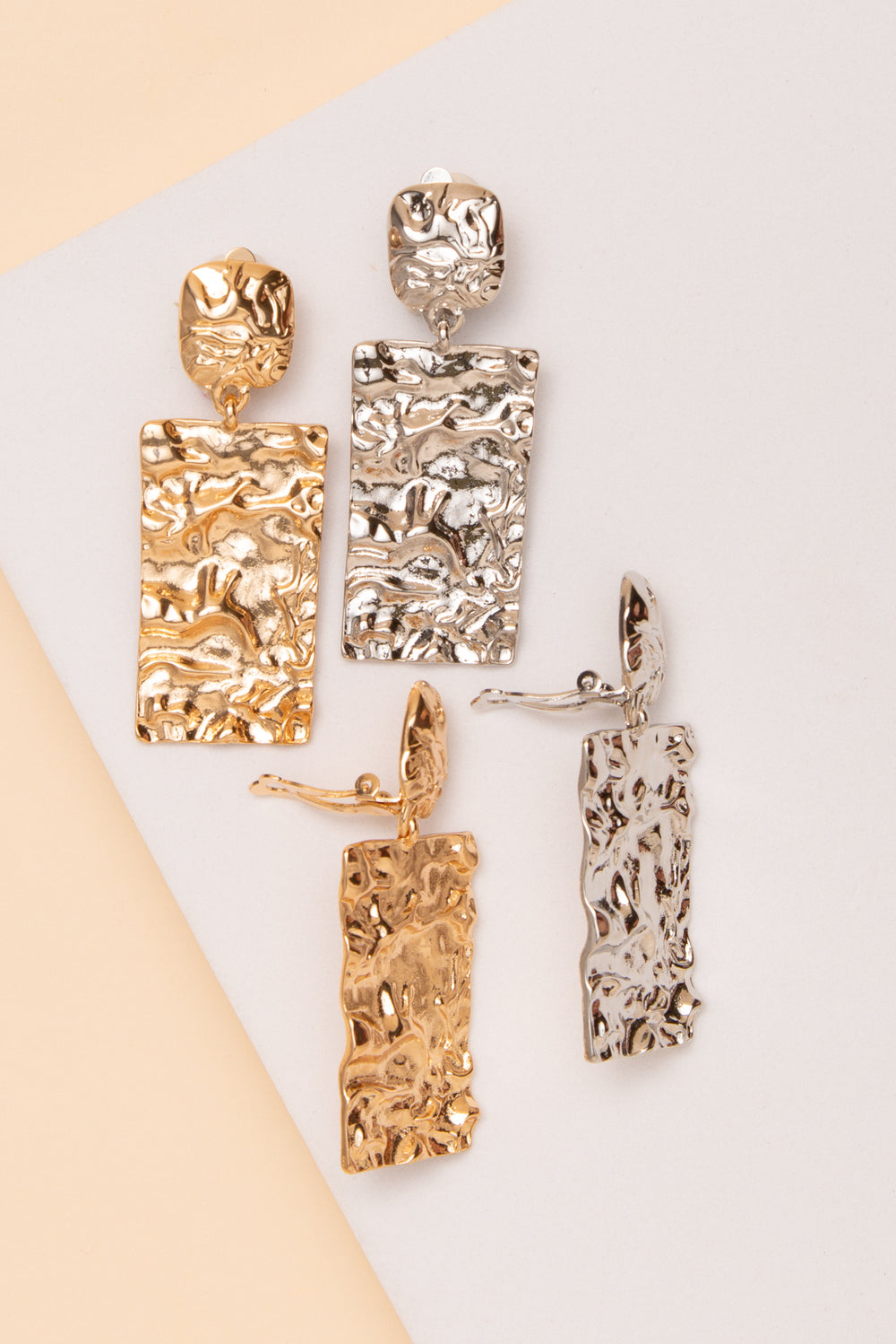Mila Hammered Rectangle Clip On Earrings