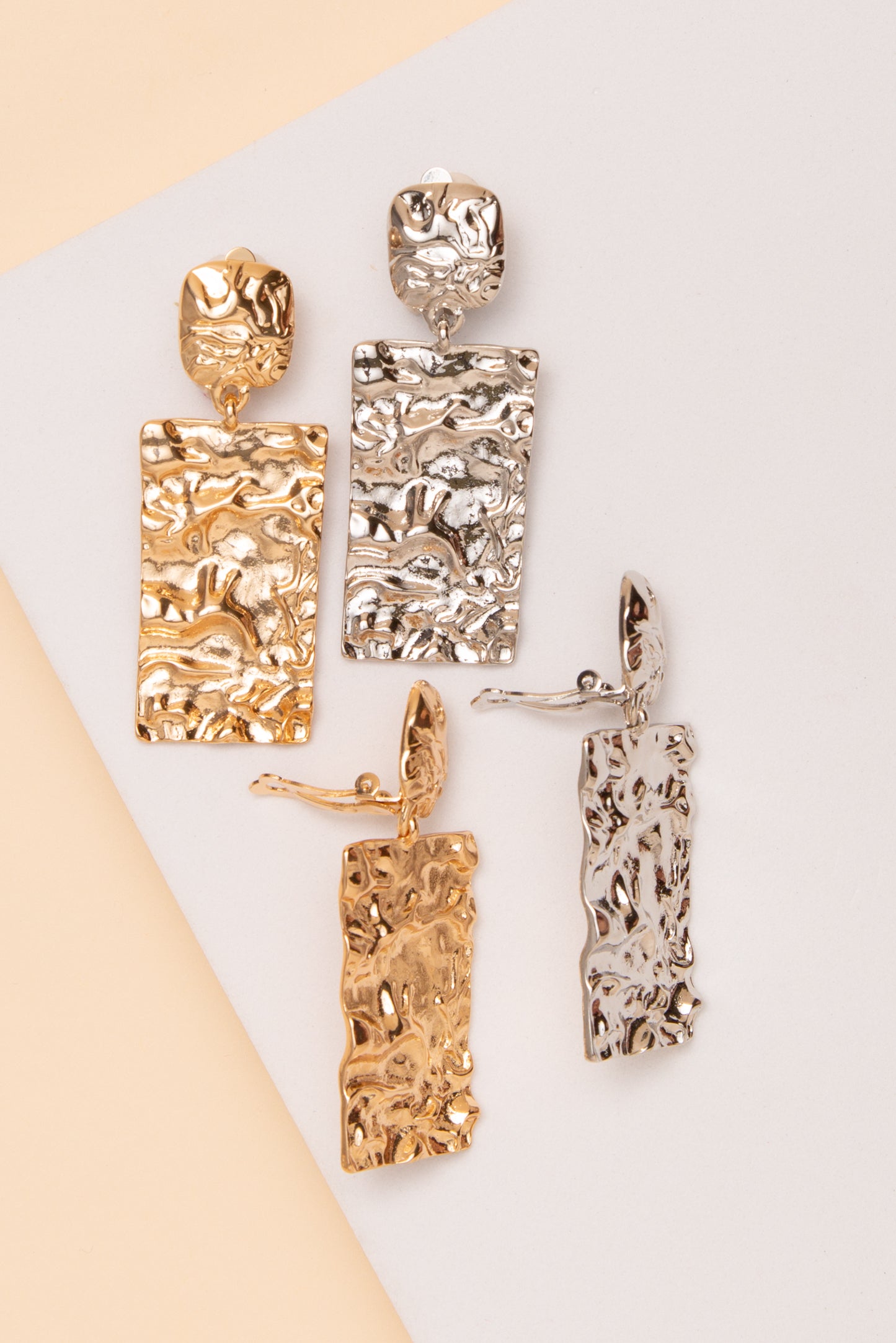 Mila Hammered Rectangle Clip On Earrings