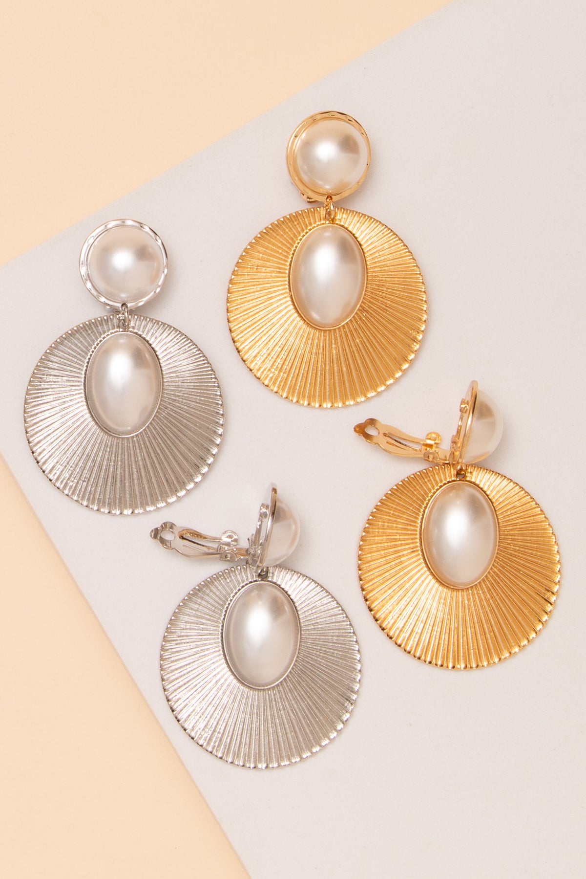 Liliana Oval Pearl Sunburst Disc Clip On Earrings