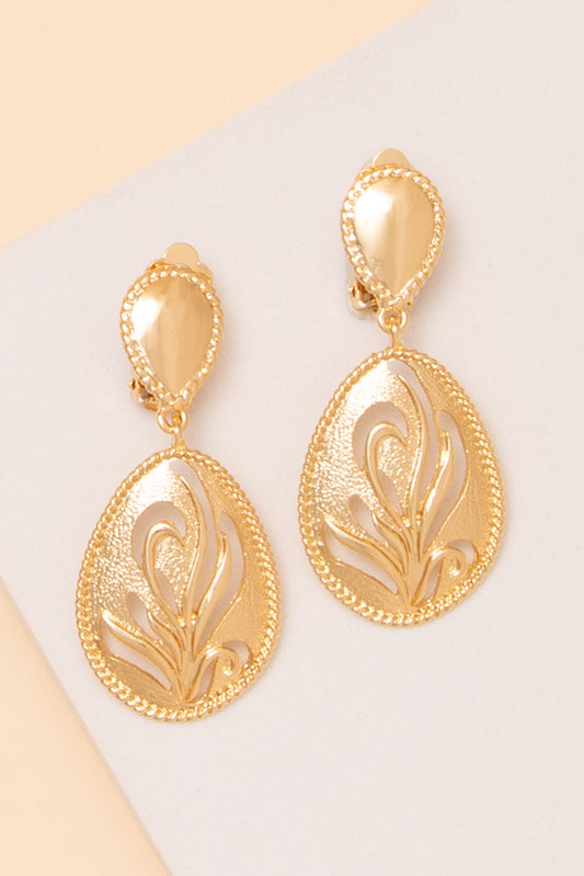 Valerie Textured Cutout Leaf Teardrop Clip On Earrings | Gold