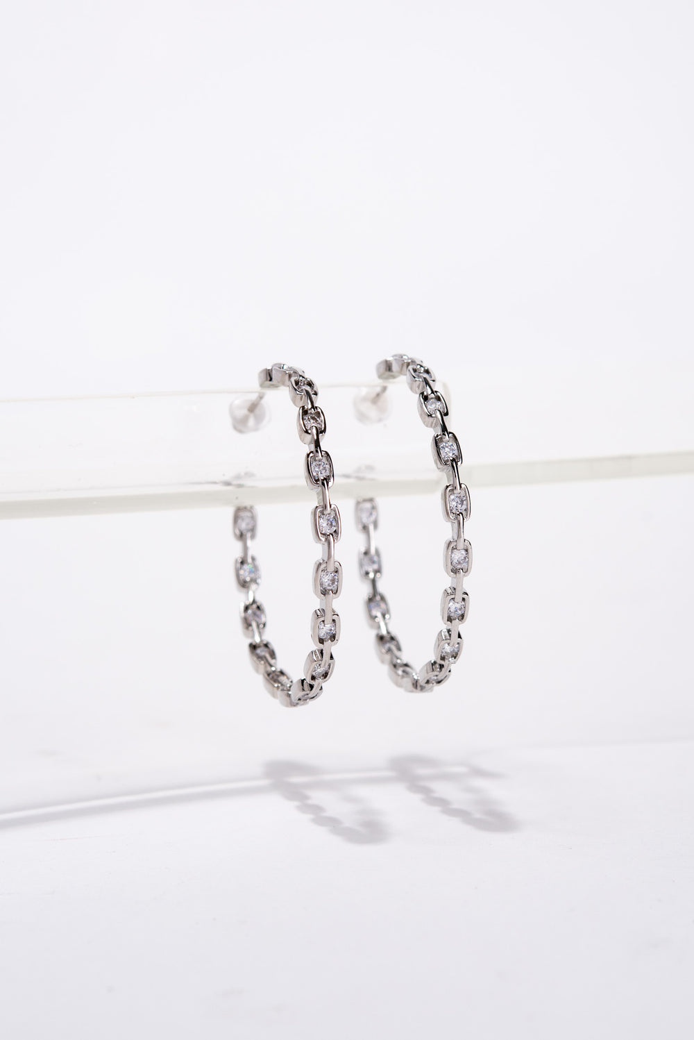 Alani White Gold Plated Rhinestone Open Hoop Earrings - Silver