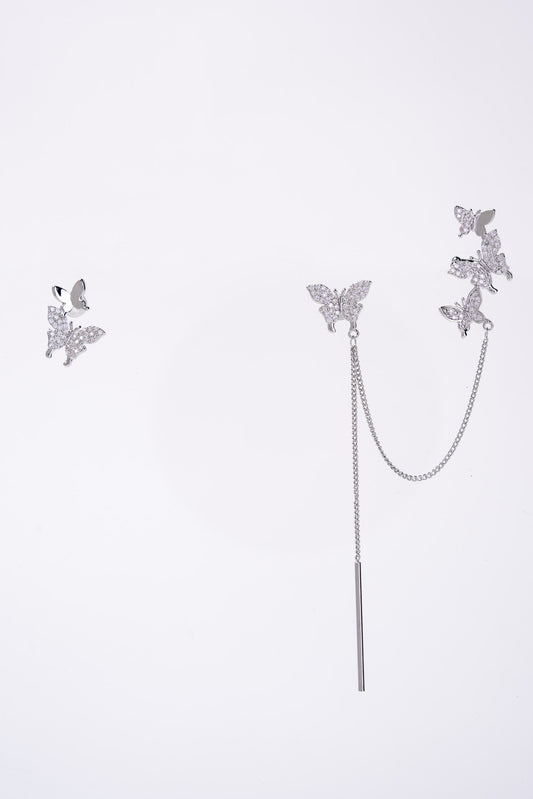 Silvia CZ Butterfly Ear Cuff Dangle Chain Earrings - Silver
