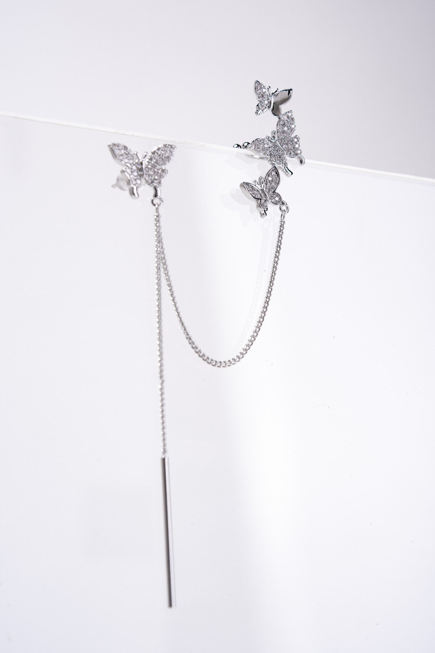 Silvia CZ Butterfly Ear Cuff Dangle Chain Earrings - Silver