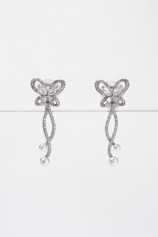 Isla Butterfly Bow Rhinestone Pearl Dangle Earrings - Silver