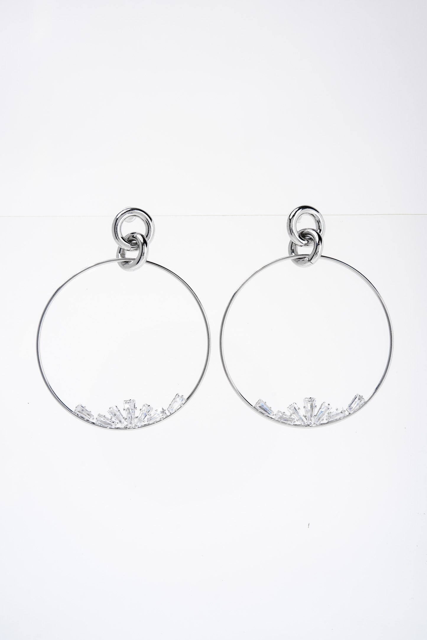Cubic Zirconia Studded Hoop Post Earrings - Silver
