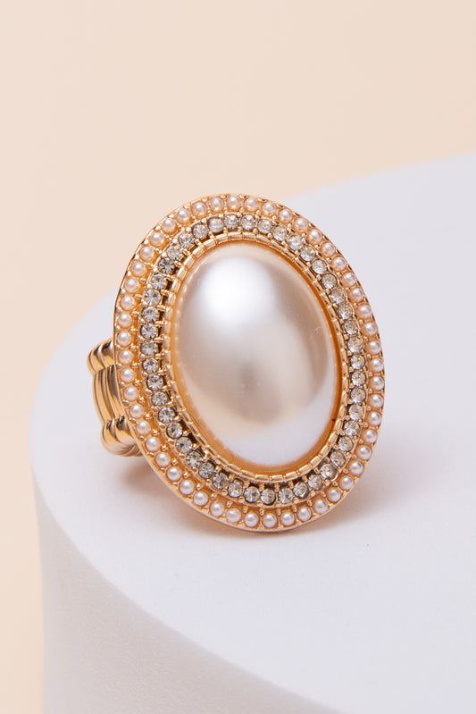 Millie Classic Oval Pearl Stretch Ring with Double Rhinestone | Gold
