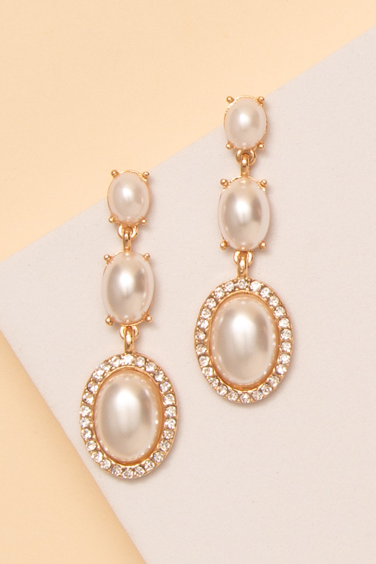Jazmine 3-Tier Crystal Rhinestone Oval Cut Earrings | Gold Pearl