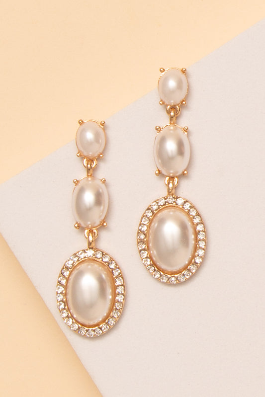 Jazmine 3-Tier Crystal Rhinestone Oval Cut Earrings | Gold Pearl