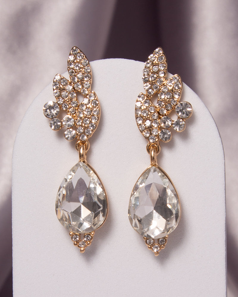 Aurora 2-Tier Rhinestone Cluster Teardrop-Cut Crystal Earrings | Gold Clear