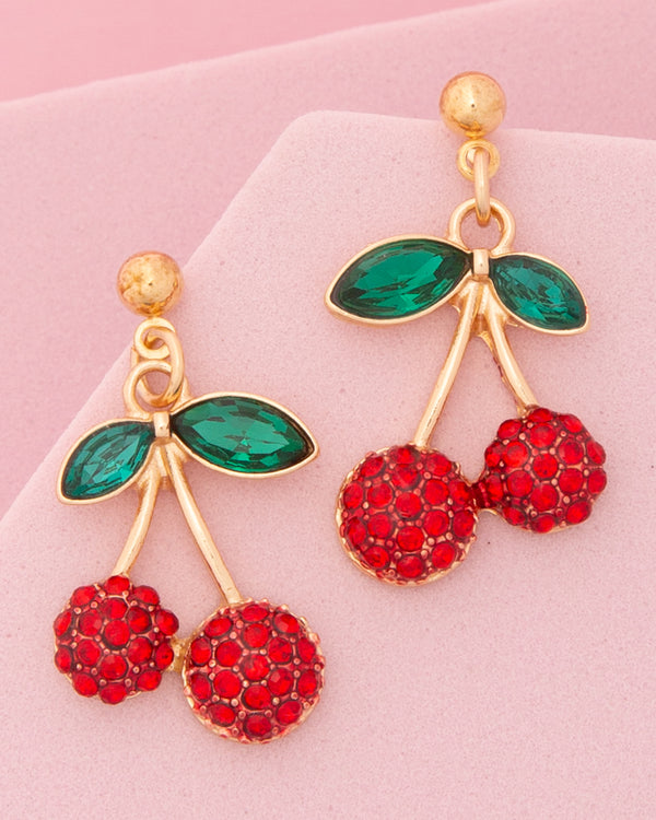 Sabrina Rhinestone Pavé Red Cherry Charm Post Dangle Earrings