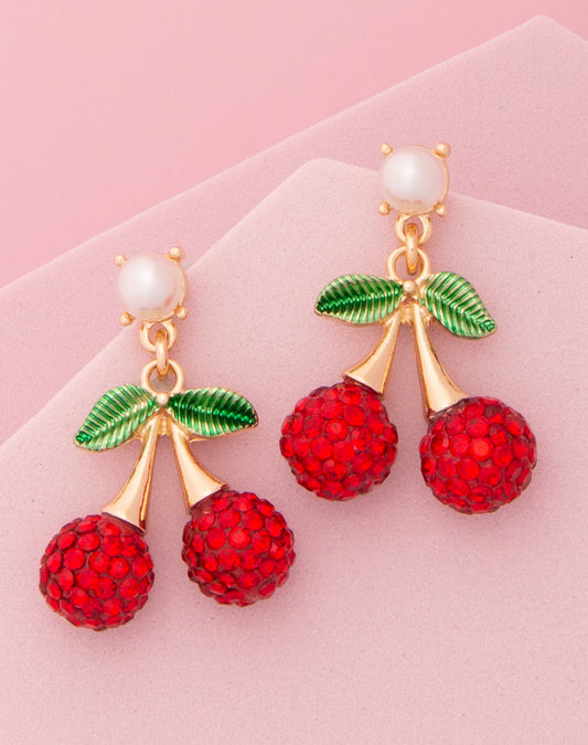 Sylvia Pearl Embellished Red Rhinestone Cherry Charm Post Earrings