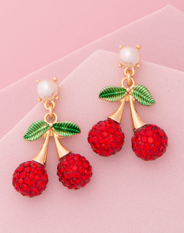 Sylvia Pearl Embellished Red Rhinestone Cherry Charm Post Earrings