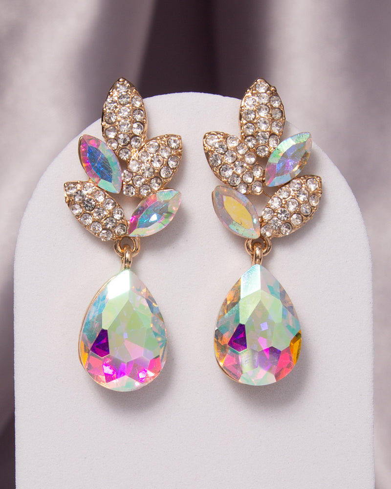 Hazel 2-Tier Crystal Rhinestone Leaf Accent Dangle Earrings | Iridescent