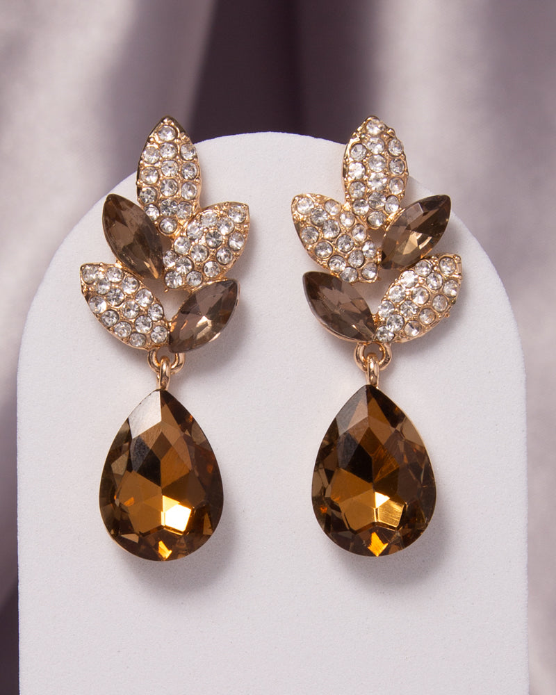 Hazel 2-Tier Crystal Rhinestone Leaf Accent Dangle Earrings