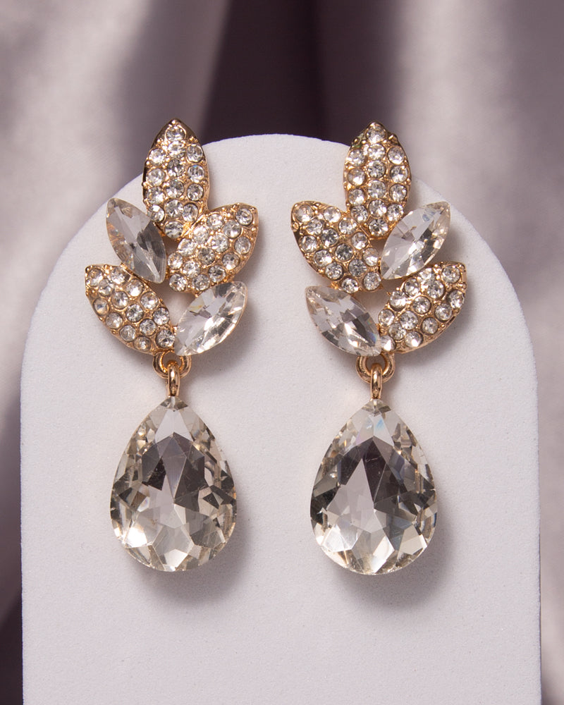 Hazel 2-Tier Crystal Rhinestone Leaf Accent Dangle Earrings | Gold Clear