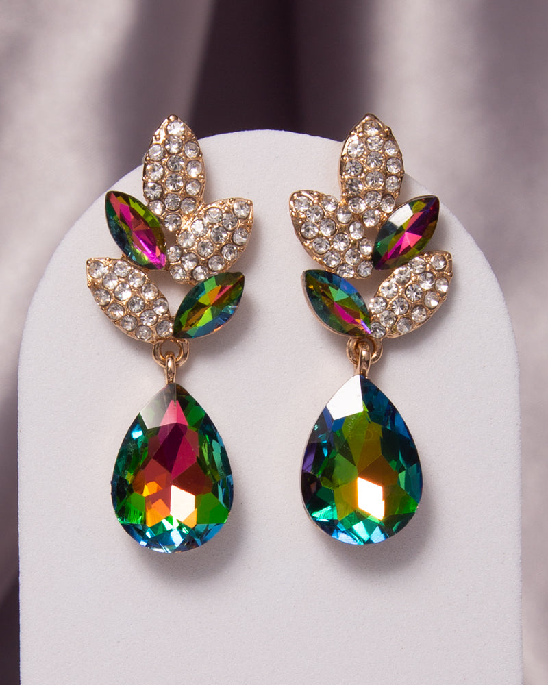 Hazel 2-Tier Crystal Rhinestone Leaf Accent Dangle Earrings