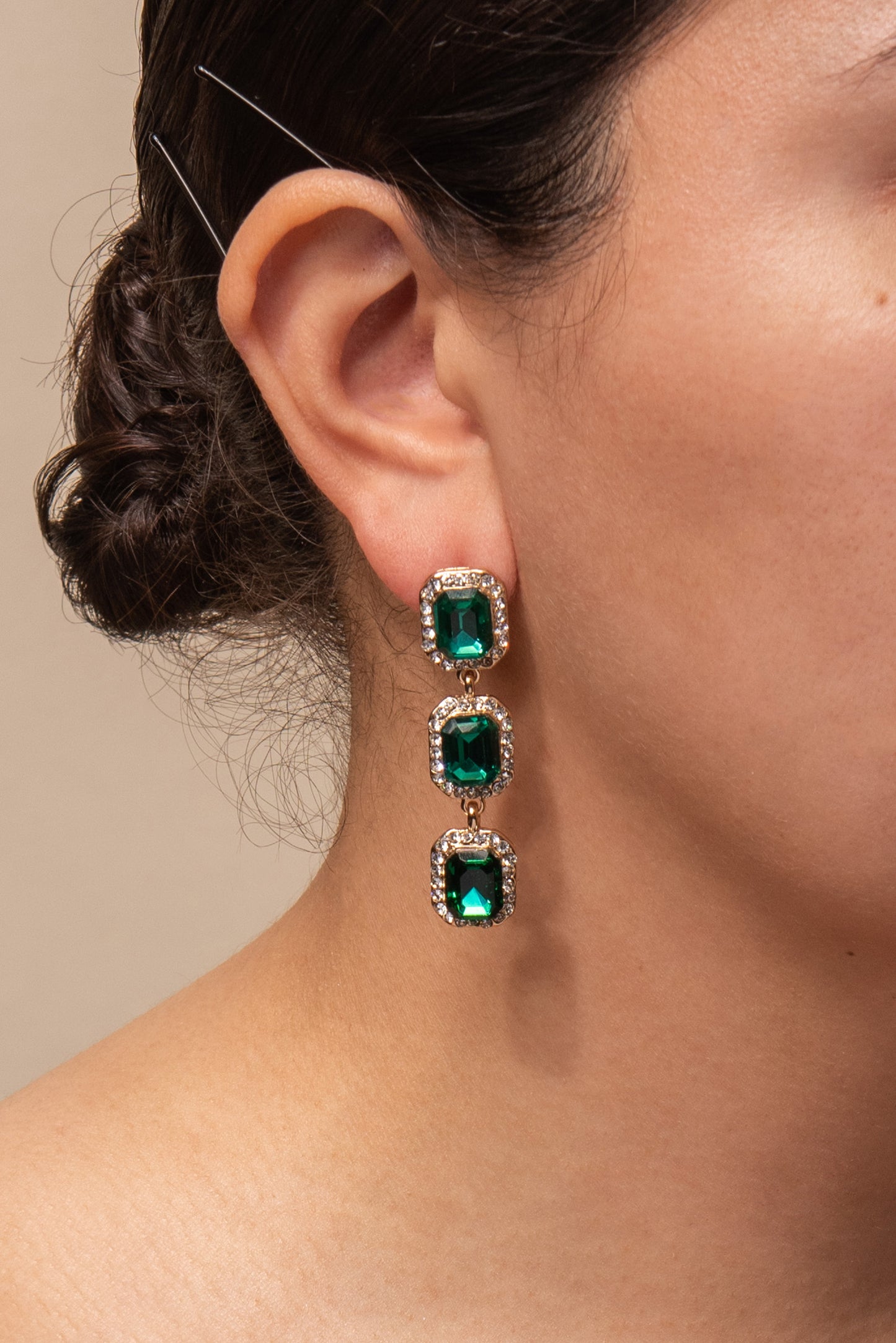 Emily 3-Tier Emerald Cut & Halo Earrings