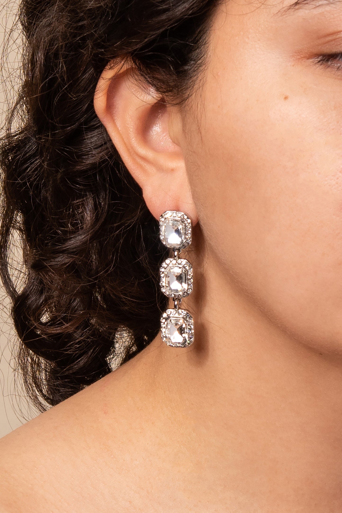 Emily 3-Tier Emerald Cut & Halo Earrings