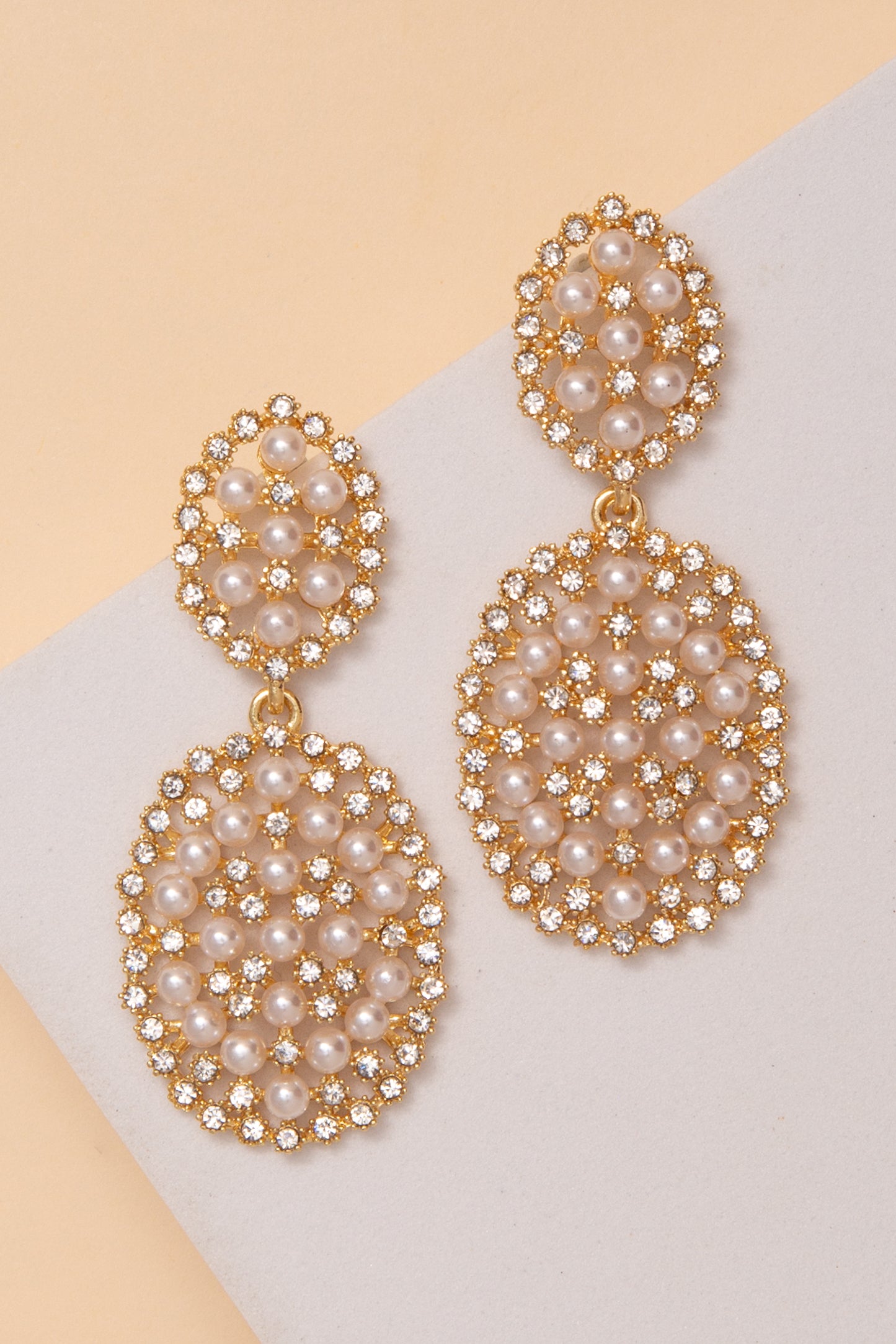 Holly Oval Pearl Rhinestone Drop Post Earrings | Gold 