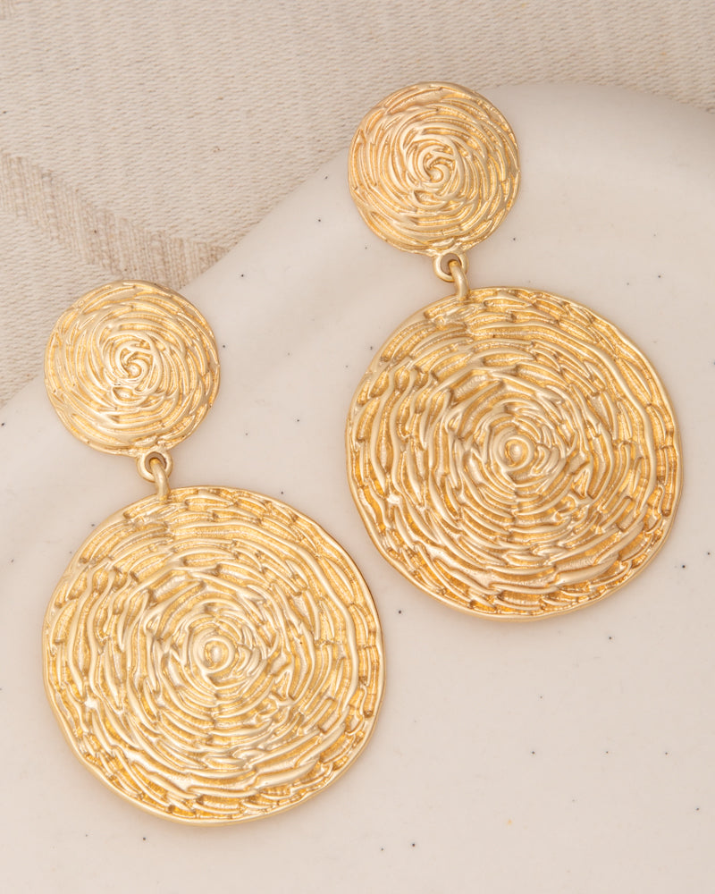 Victoria Two-Tier Textured Finish Disc Post Dangle Earrings | Gold