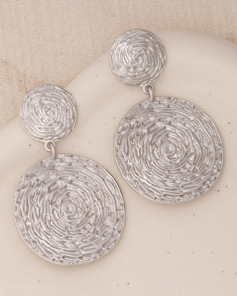 Victoria Two-Tier Textured Finish Disc Post Dangle Earrings | Silver
