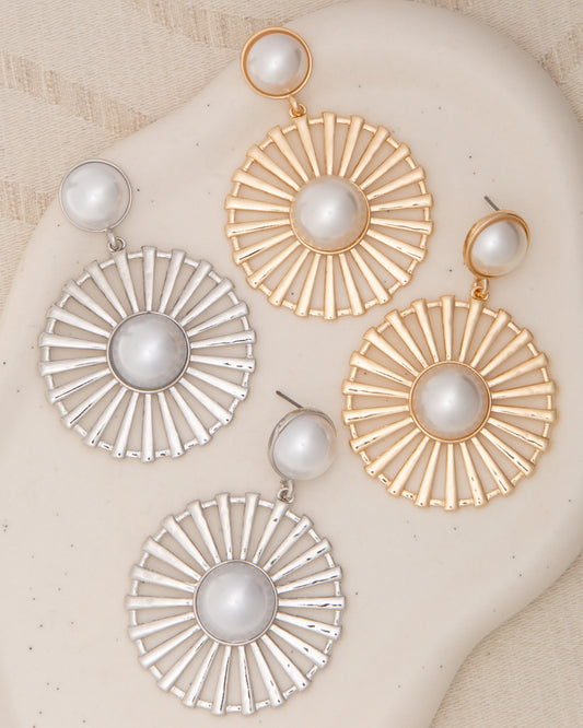 Paisley Radial Pattern Floral Pearl Bezel-Set Post Dangle Earrings