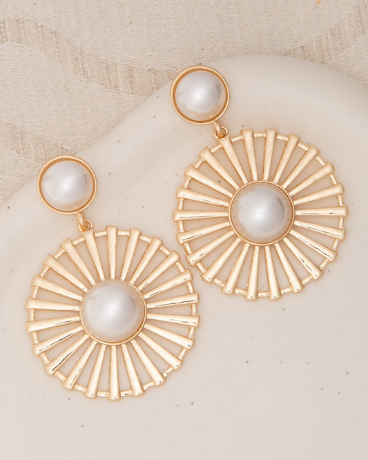 Paisley Radial Pattern Floral Pearl Bezel-Set Post Dangle Earrings | Gold