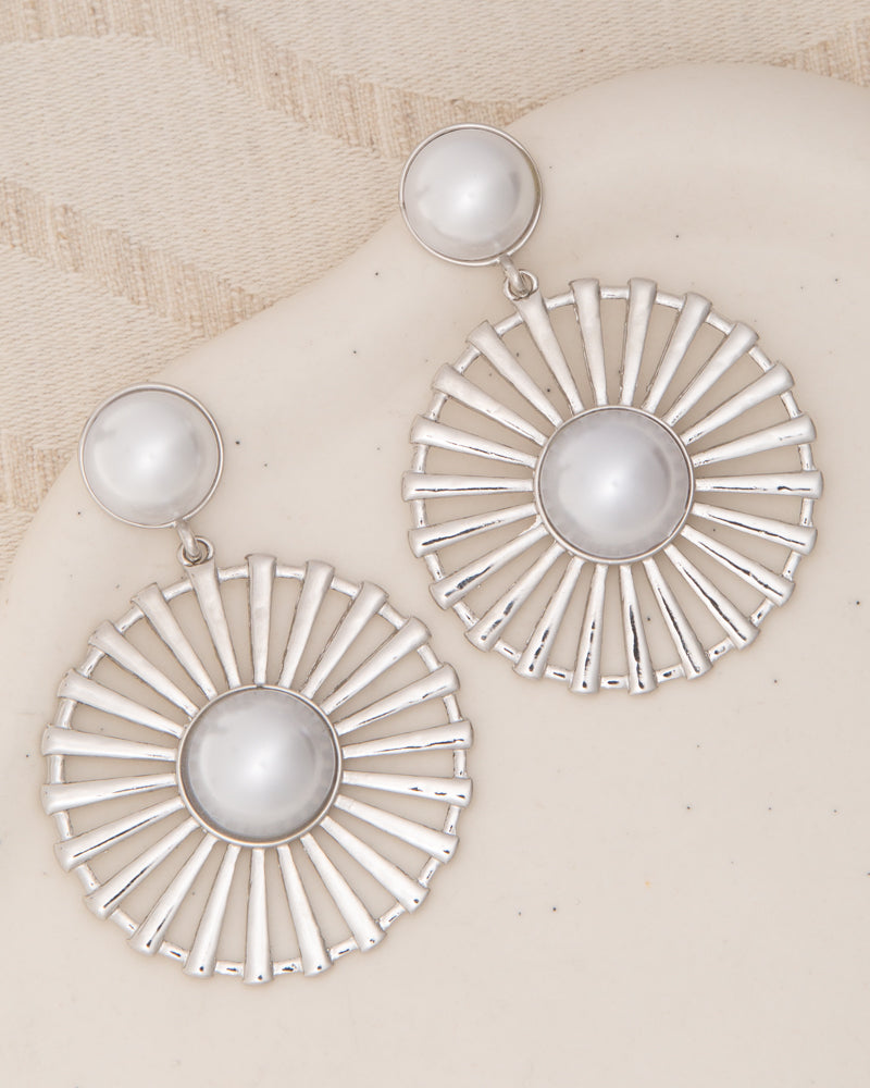 Paisley Radial Pattern Floral Pearl Bezel-Set Post Dangle Earrings