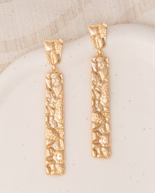 Angelina Rough Finish Vertical Bar Post Dangle Earrings | Gold
