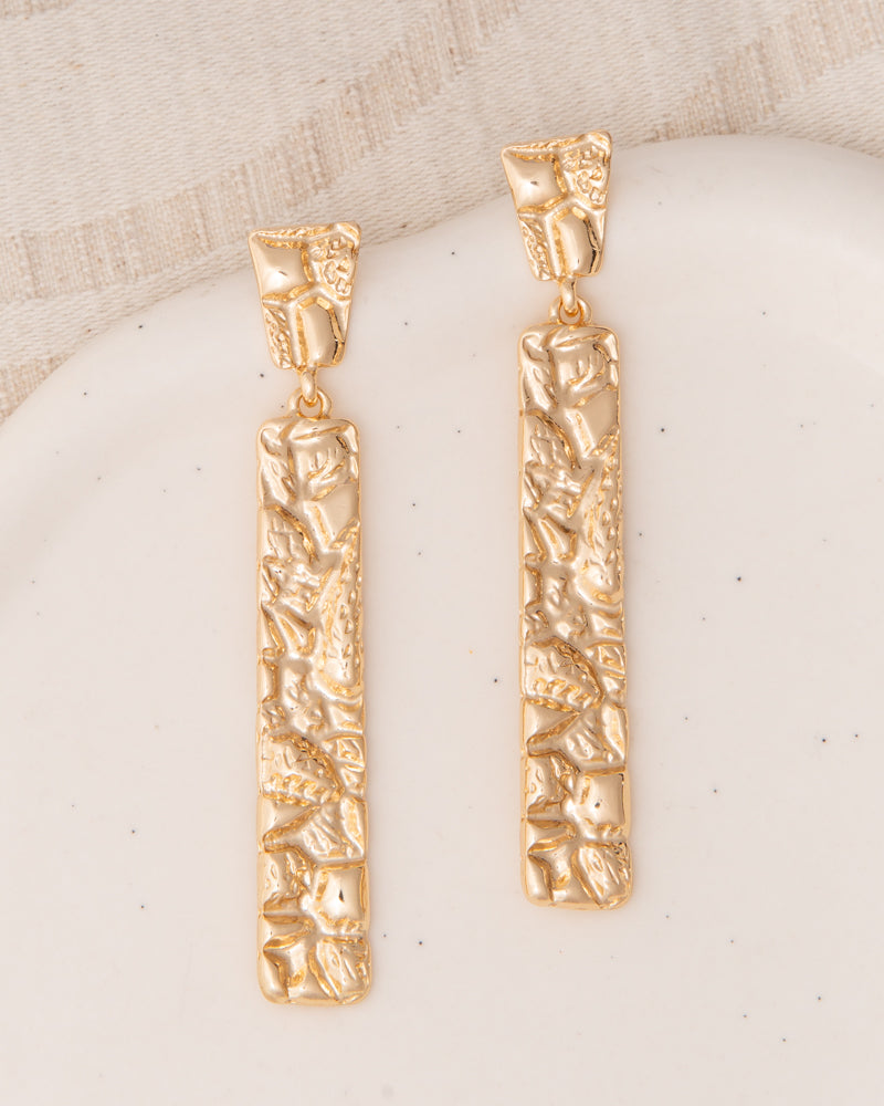 Angelina Rough Finish Vertical Bar Post Dangle Earrings | Gold