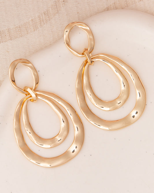 Francesca Hammered Finish Oval Door Knocker Post Dangle Earrings | Gold