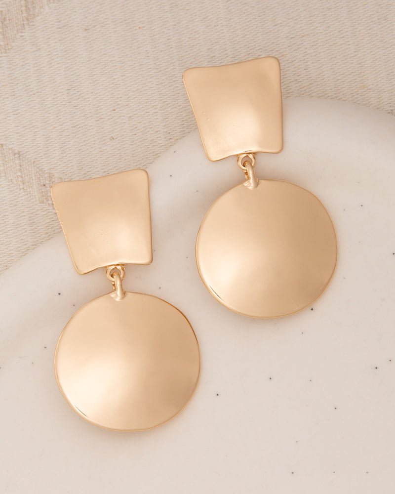 Iris Two-Tier Polished Finish Disc Post Dangle Earrings | Gold