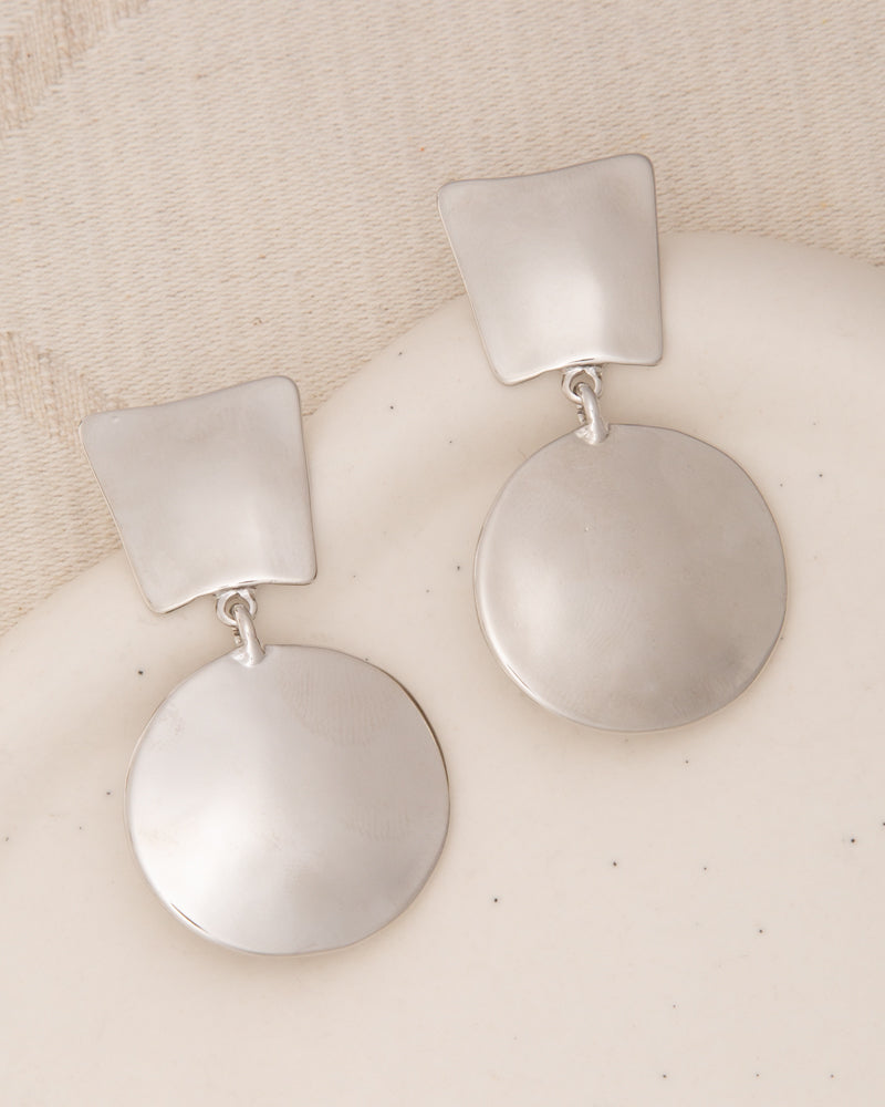 Iris Two-Tier Polished Finish Disc Post Dangle Earrings | Silver